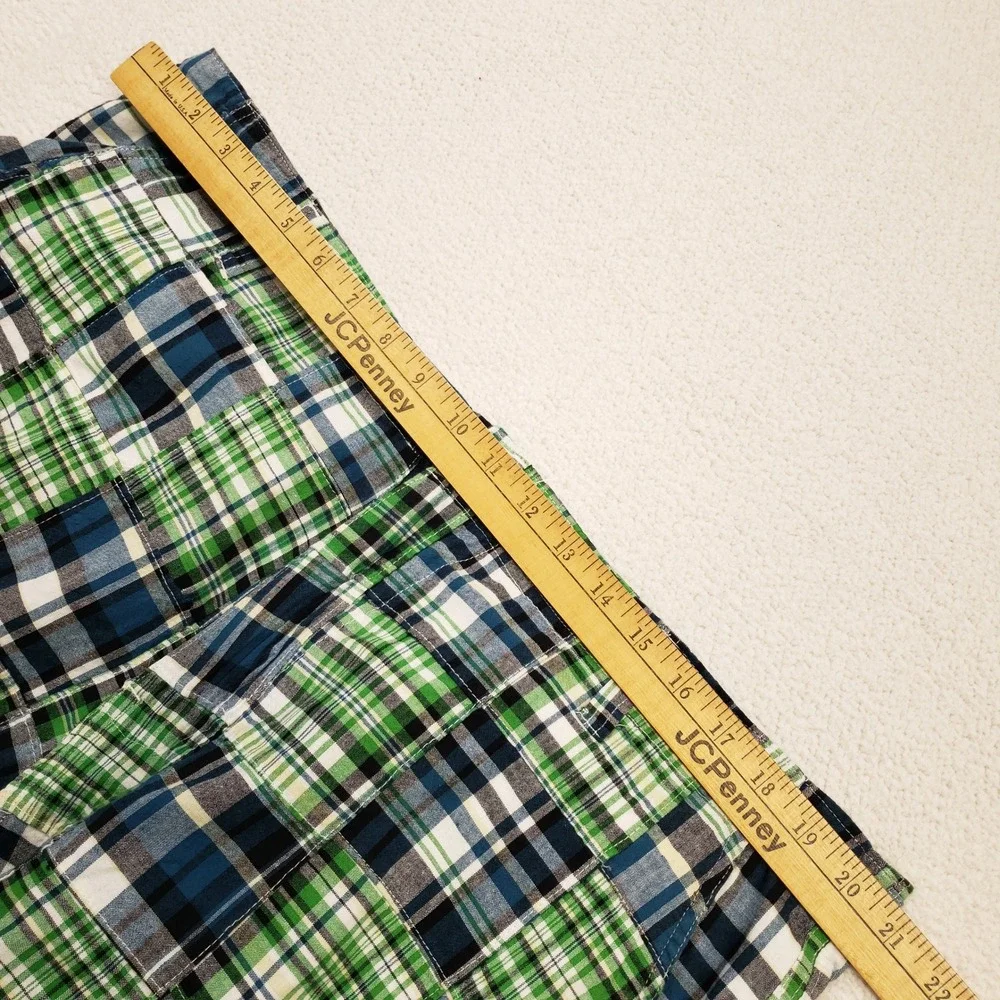 Plugg Cargo Shorts Mens 40 Green Blue Patchwork Plaid Madras Cotton Casual